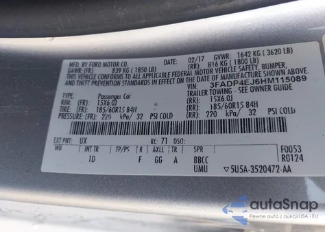 2017 Ford Fiesta Se из США, поврежденный, VIN 3FADP4EJ6HM115089